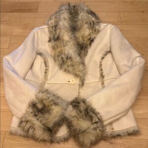 Bebe Cream Leather Jacket with Faux Fur Trim Size Large